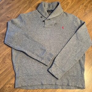 Polo Ralph Lauren Mens Shawl Collar Button Pullover Grandpa Sweater Gray Medium